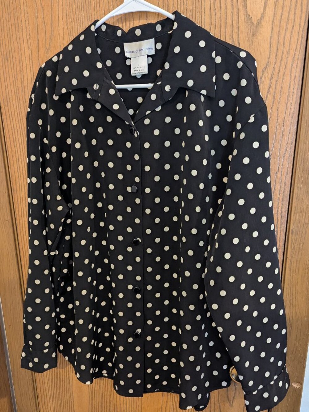 Susan Graver Long Sleeve Black/White Polka Dot Button Collar Blouse-L